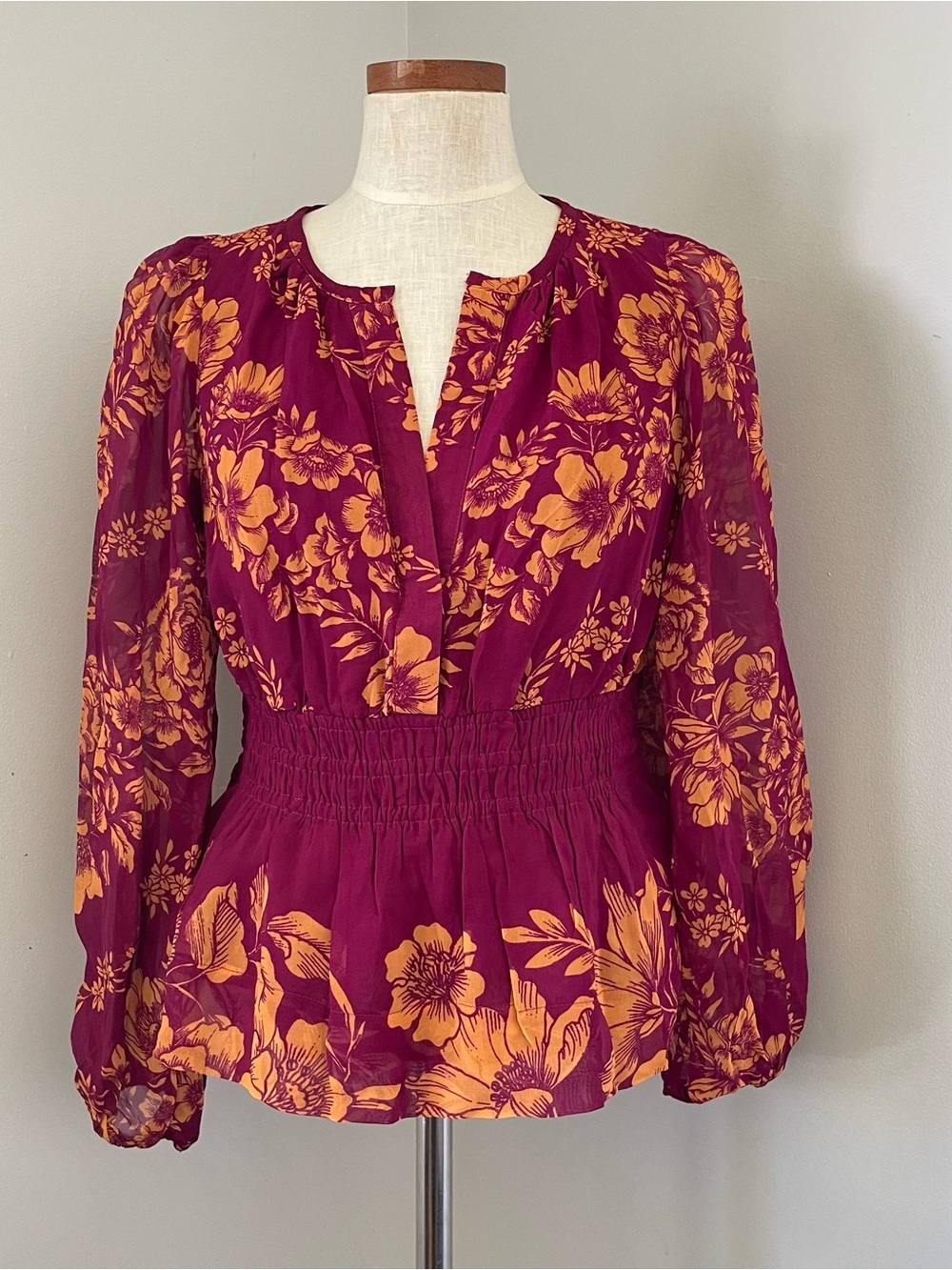 Fairycore Anthropologie Fuscia Pink Floral Smocked blouse Medium NWT $118